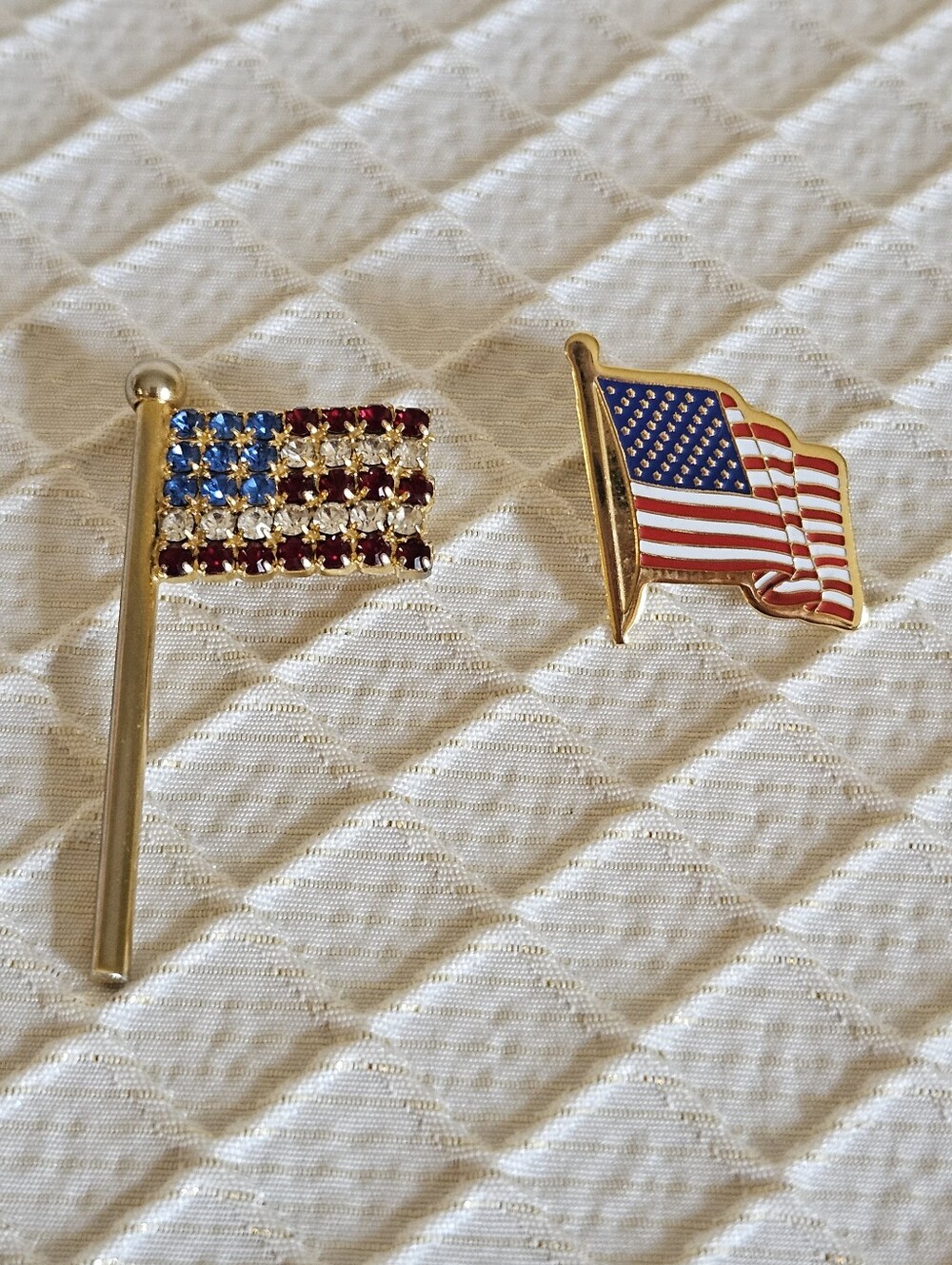 Set of 2 American Flag Pins - Vintage Rhinestone Pin & Modern Enamel Lapel Pin